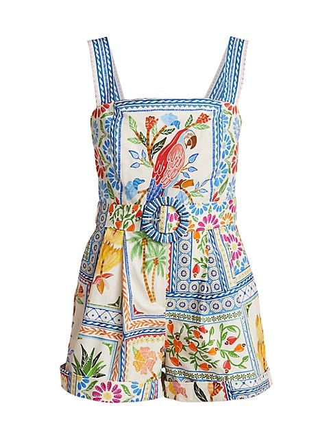 Tropical Tiles Squareneck Belted Romper | Saks Fifth Avenue