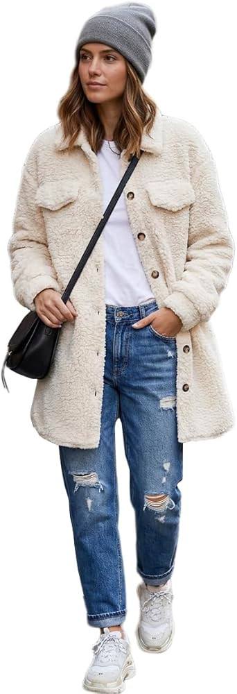 Just Quella Women's Drop Shoulder Lapel Button Down Long Cardigan Teddy Coat Fuzzy Fleece Fluffy ... | Amazon (US)