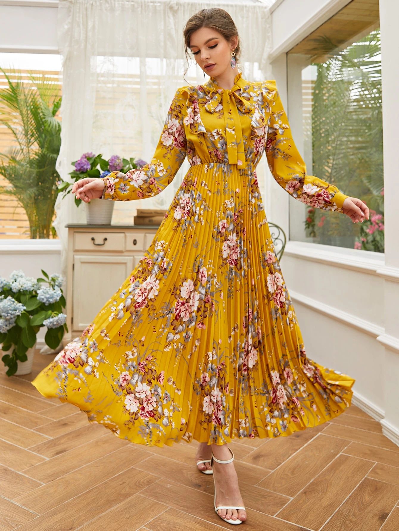 Tie Neck Allover Floral A-line Dress | SHEIN