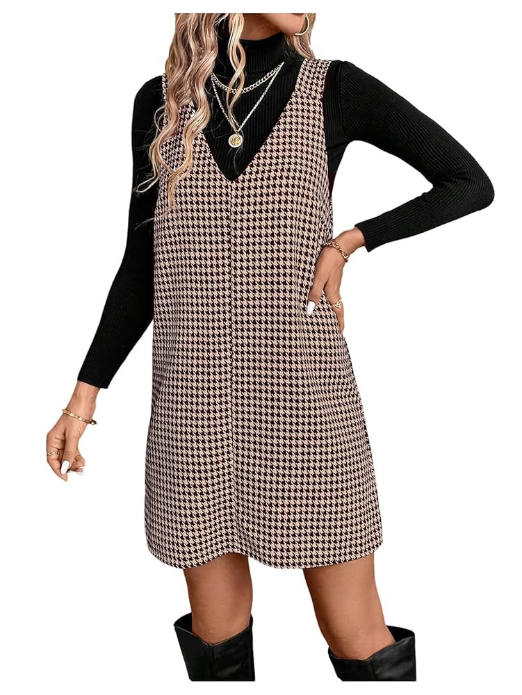OYOANGLE Women's Houndstooth Print V Neck Overall Dress Sleeveless Pinafore Short Dresses | Amazon (US)