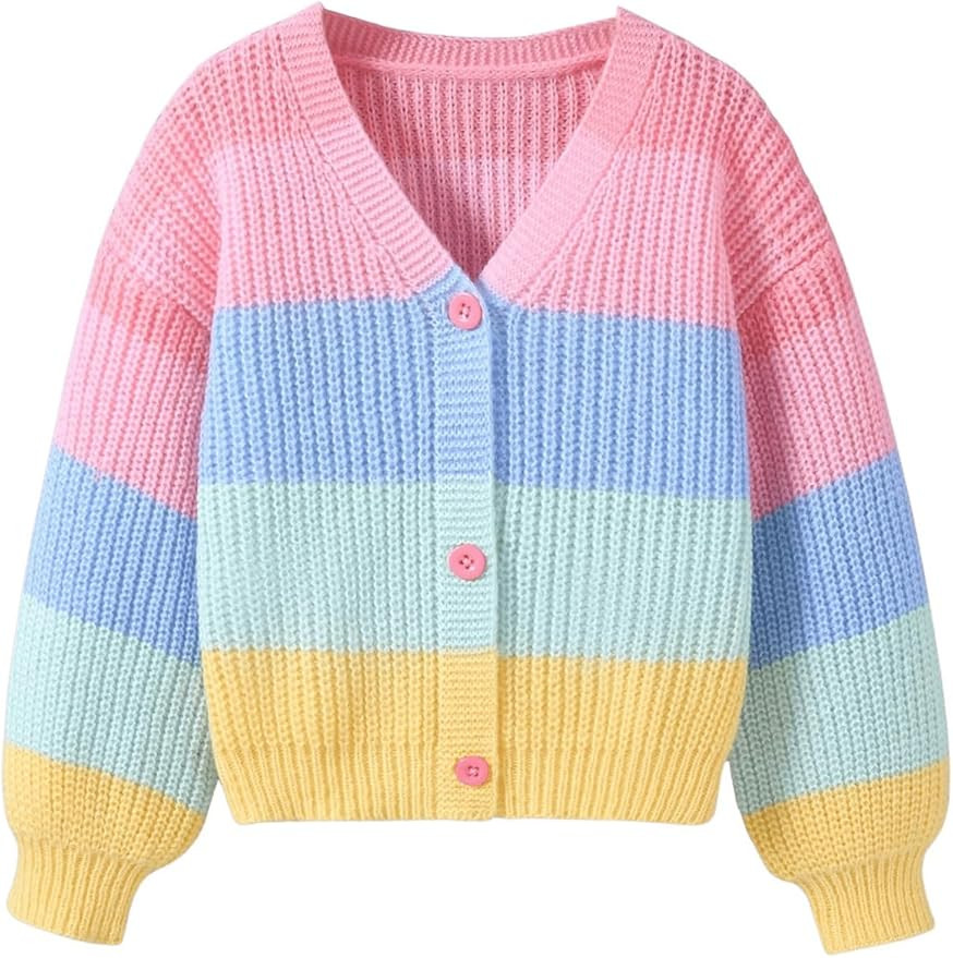 Girl's Rainbow Colorblock Button Down Sweater Drop Shoulder Long Sleeve Fall Knitted Cute Cardiga... | Amazon (US)