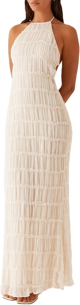 Women Y2k Backless Long Dress Halter Tie Neck Maxi Dress Flowy Beach Sundress Summer Streetwear | Amazon (US)