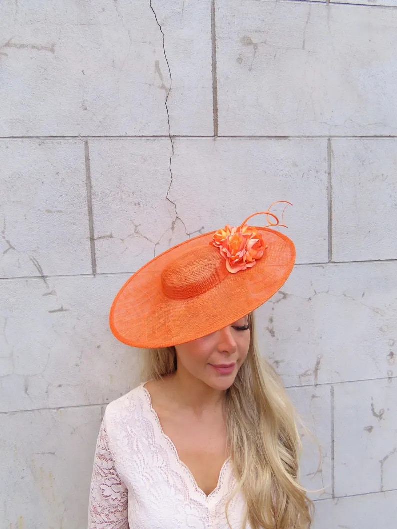 Large Orange Rose Flower Sinamay Hat Fascinator Boater Wedding Guest Hatinator Races Ascot u13007 | Etsy (US)