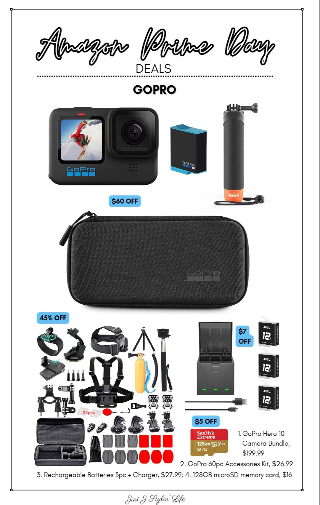 Amazon Prime Day GoPro deals! GoPro Hero10 black camera bundle with case and selfie handle only $199. Accessories bundle with bike strap, helmet, chest and other straps and attachments $27. Rechargeable batteries and charger $28. 128GB microSD card $16.

#LTKSaleAlert #LTKTravel #LTKFindsUnder50