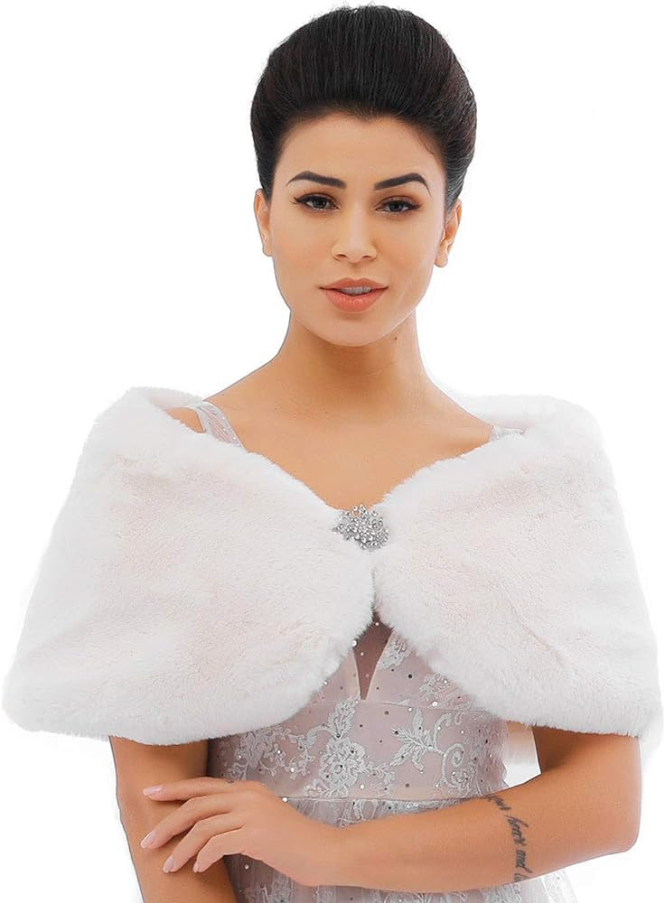 JAKAWIN Women’s Faux Rabbit Fur Wraps and Shawls Bride Wedding Fur Stole Bridal Fur Shrug for W... | Amazon (US)