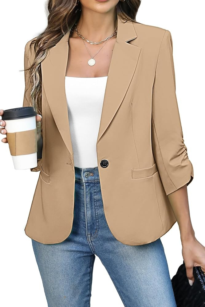 ELLEVEN Women's Ruched 3/4 Sleeve Blazers, Lightweight Slim Fit Jackets with Padded Shoulder for ... | Amazon (US)