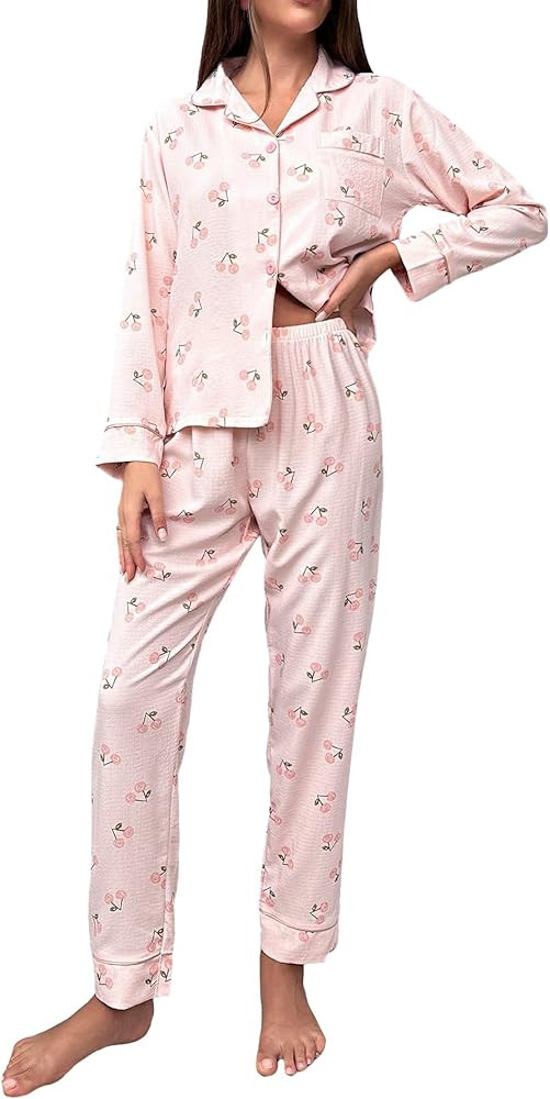 Verdusa Women's 2 Piece Cherry Print Pj Set Button Up Long Sleeve Tops and Pants Sets | Amazon (US)