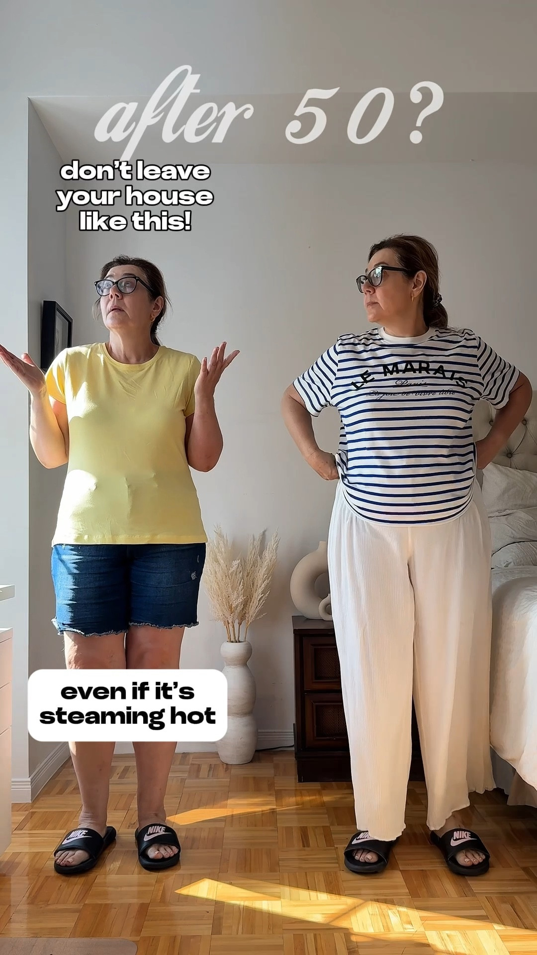If you are size XL like me, we need to update this Summer look that we all are familiar - in a few simple steps:
- ditch shorts in favor of full length pants, even in Summer - choose linen or cotton blend pants with a relaxed fit to stay cool in the heat;
- choose a tee shirt in a loose shape so you can tuck one side in + less risk of rolls showing. I love striped tees a lot;
- half tuck your tee shirt on a side - asymmetry elongates the body and makes hips look slimmer;
- switch outdated shoes for chunky sandals or sneakers;
- add a little makeup and your favorite hair do;
- don’t forget to add accessories- jewelry, bag and sunglasses 🕶️ put this whole look together.

Comment below ⬇️ what side you are on - Left or Right?

Save for inspiration and share with a friend! Follow for more tips and tricks on style and beauty for women over 40.

#LTKover50style #LTKstyletip #LTKmidsize