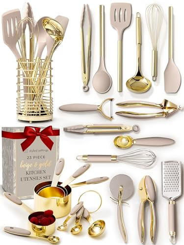 Styled Settings 23-Piece Beige and Gold Utensils Set – Silicone Nonstick Cooking Tools with Garlic Press, Can Opener, Measuring Cups, Utensil Holder – Luxury Kitchen Accessories for Modern Homes | Amazon (US)