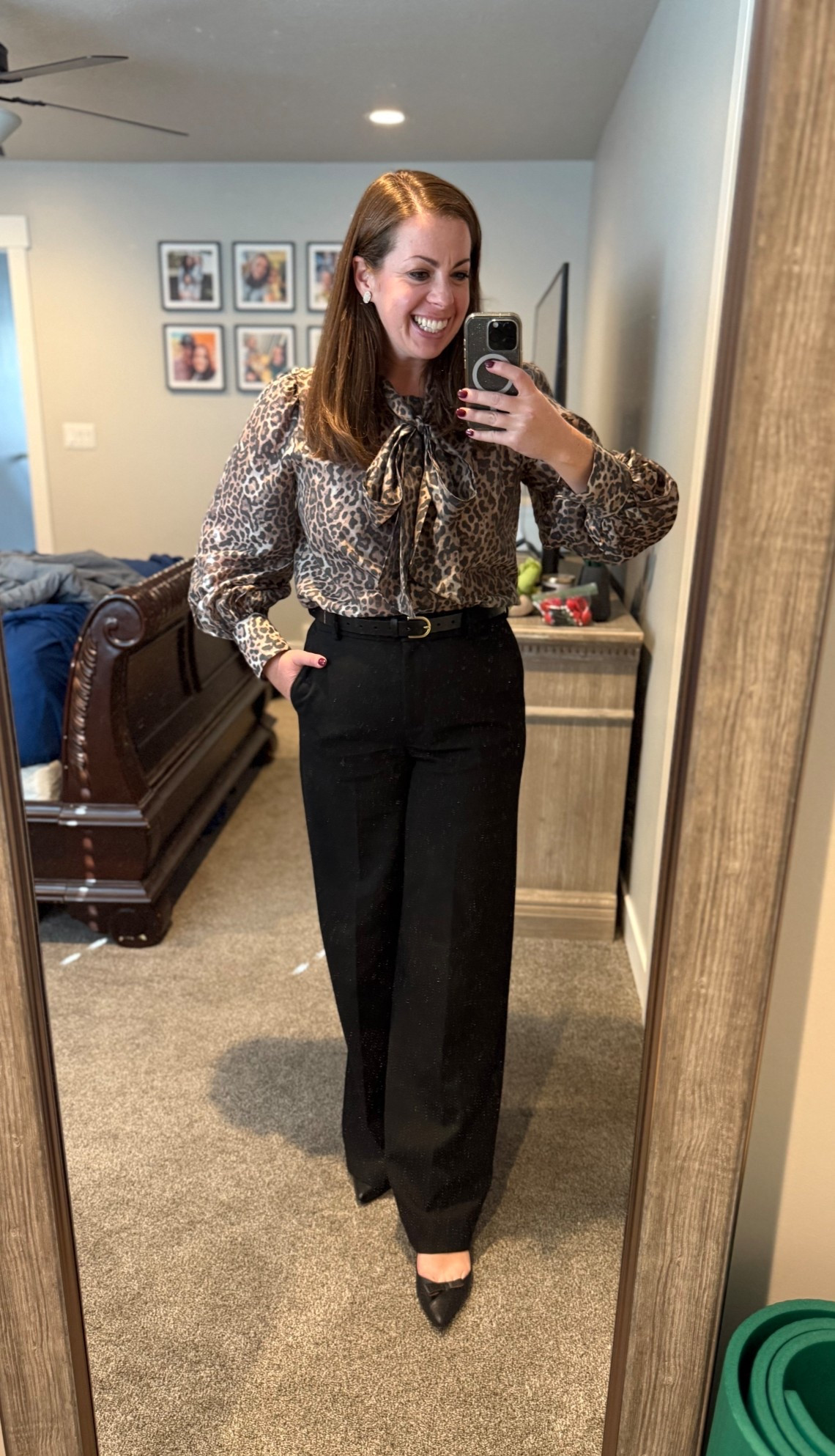This tie neck leopard print blouse is the feminine version of a shirt and tie, IMO. I love the look for my first day as substitute principal. 💚 In a M. 

#LTKMidsize #LTKWorkwear #LTKShoeCrush
