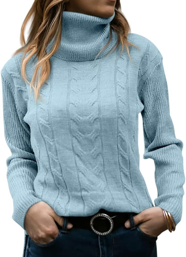 Langwyqu Womens' Turtleneck Long Sleeve Cable Knit Sweaters at Amazon Women’s Clothing store | Amazon (US)