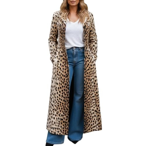 Nupucy Long Leopard Coat for Women Fall Winter Trendy Printed Maxi Length Trench Coat Slim Fit Outerwear with Pockets | Amazon (US)