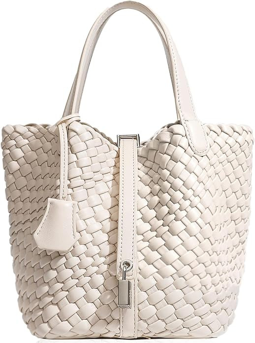 Lock Design Woven Bucket Purse for Women, Vegan Leather Tote Bags, Top Handle Handbag Shoulder Ba... | Amazon (US)