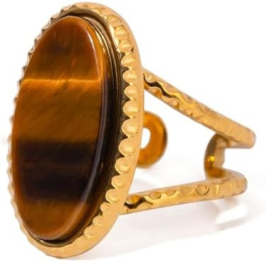 Western Captivating Tiger's Eye Stone Ring, 8 * 10mm Oval Gemstone 18K Gold Plated Stack Wide Rib... | Amazon (US)