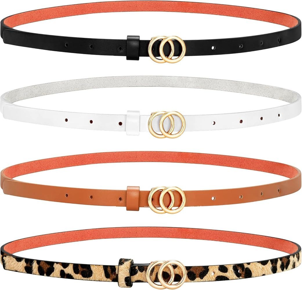 SANSTHS Skinny Belts for Women, 4 Set Thin Faux Leather Belts with Gold Double O Buckle for Jeans... | Amazon (US)