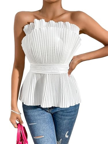 OYOANGLE Women's Ruffle Trim Sleeveless Strapless Pleated Peplum Tube Tank Tops White Small | Amazon (US)