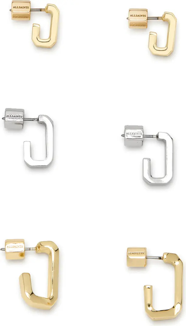 AllSaints Set of 3 Two-Tone Hex Huggie Hoop Earrings | Nordstrom | Nordstrom