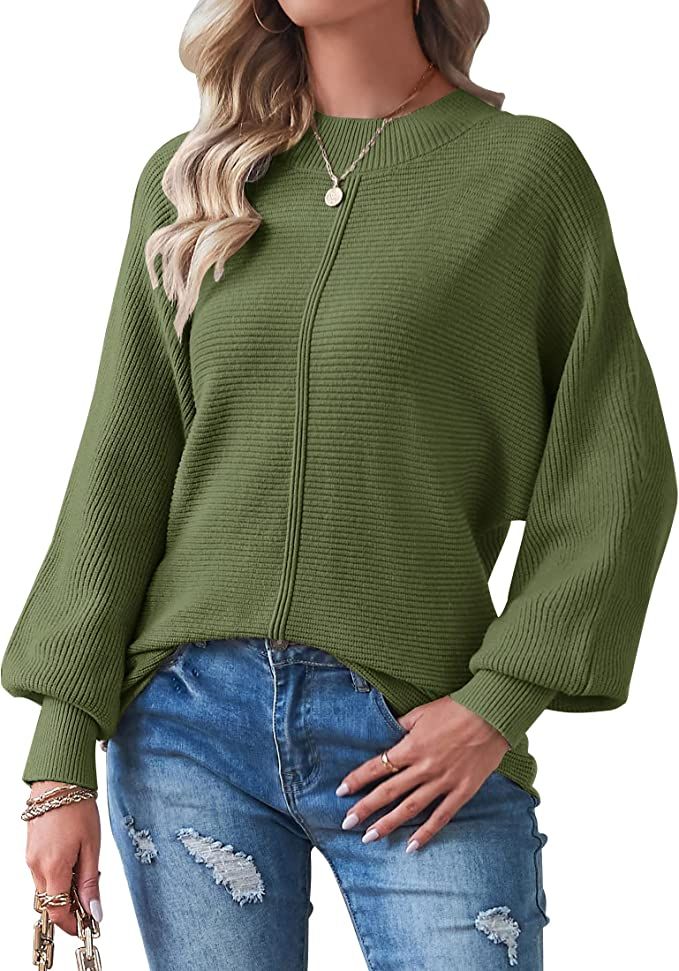TECREW Women's Batwing Long Sleeve Crew Neck Pullover Sweater Soft Ribbed Knit Sweater Top | Amazon (US)
