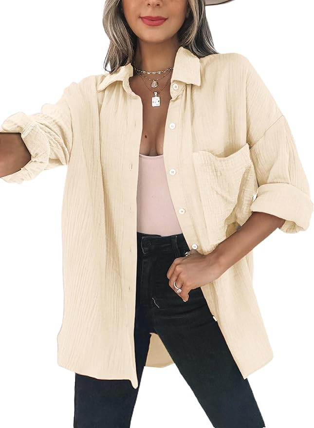 Dokotoo Womens Color Block Button Down Shirts Long Sleeve Oversized Boyfriend Blouses Tops | Amazon (US)