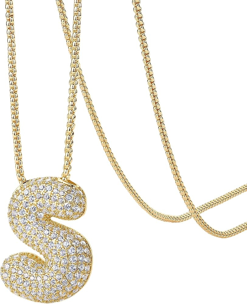PAVOI 14K Gold Plated Cubic Zirconia Bubble Letter Initial Necklaces for Women | Gold Balloon Nec... | Amazon (US)