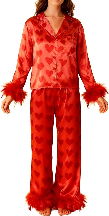 Heart Pajamas with Feathers for Women Valentine's Day Love Graphic Fur Trim Pjs Long Sleeve Butto... | Amazon (US)