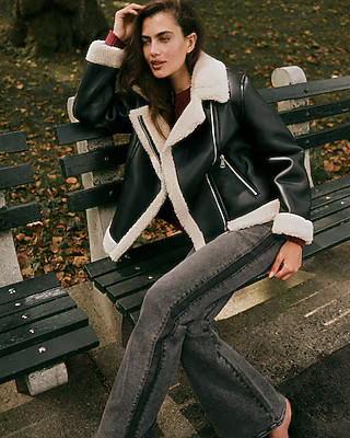 Faux Leather Sherpa Lined Moto Coat | Express