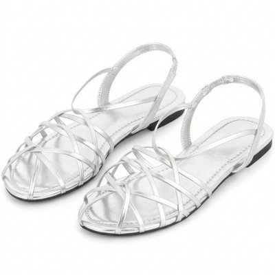 BLISSFUL STEP Flats Strappy Sparkle Round-Toe Roman Sandals for Women 8 Silver | Target