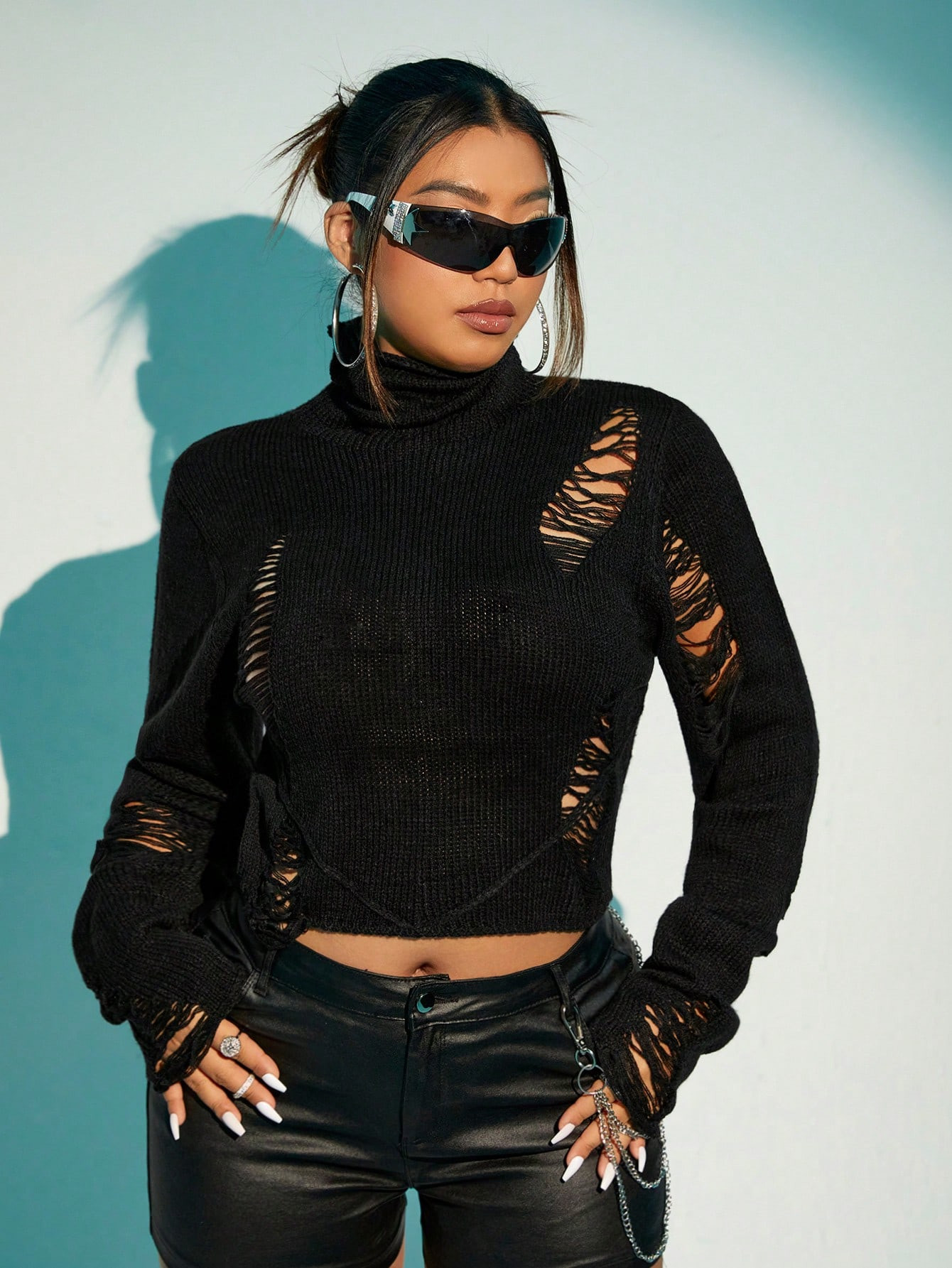 SHEIN ICON Plus High Neck Ripped Crop Sweater | SHEIN