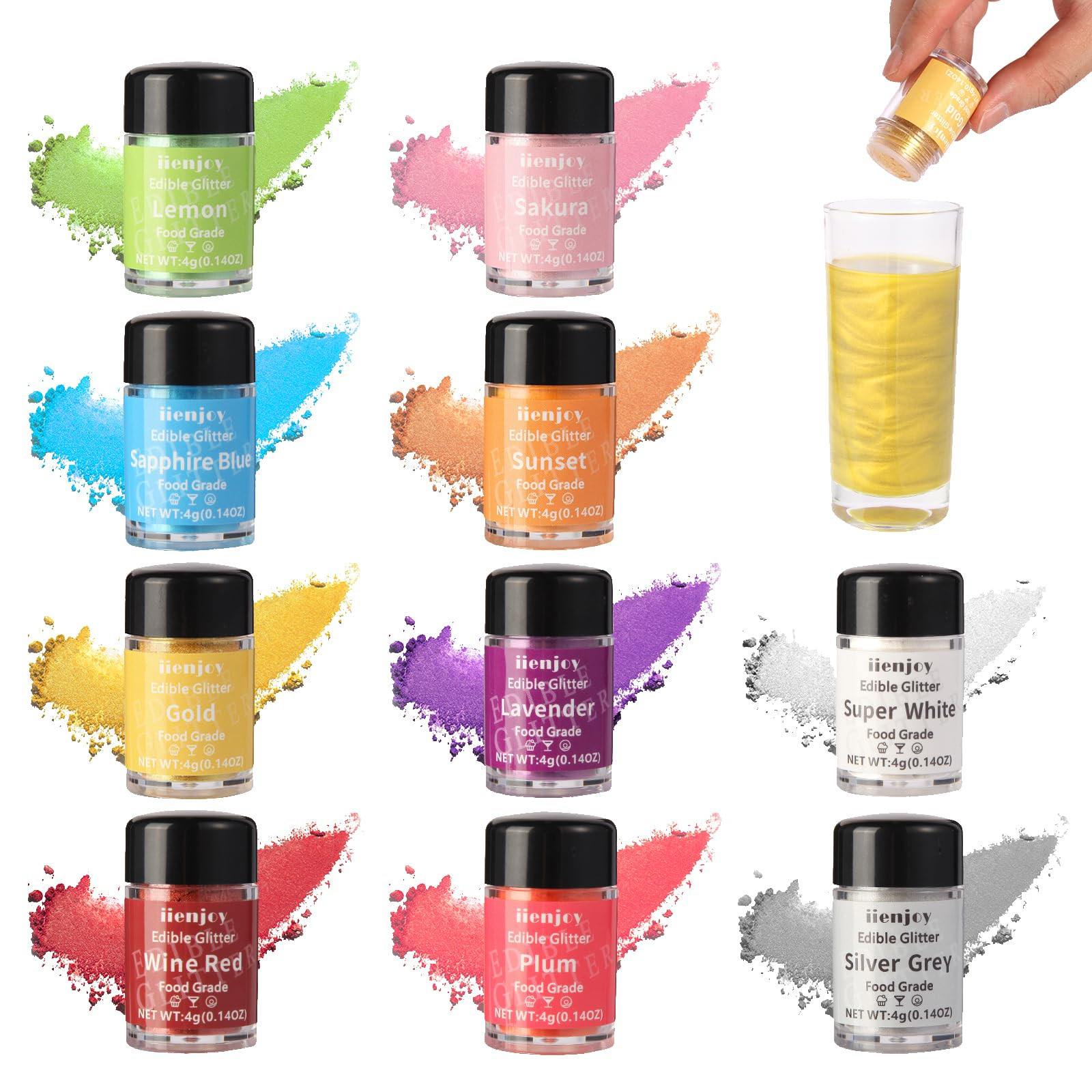 Edible Glitter - 10 Colors Luster Dust Edible Set for Cocktails, Cakes, Drinks, Baking, Strawberries, Cupcakes, Cookies Decoration, Food Grade Glitter Shimmer Sprinkle Powder | Amazon (US)