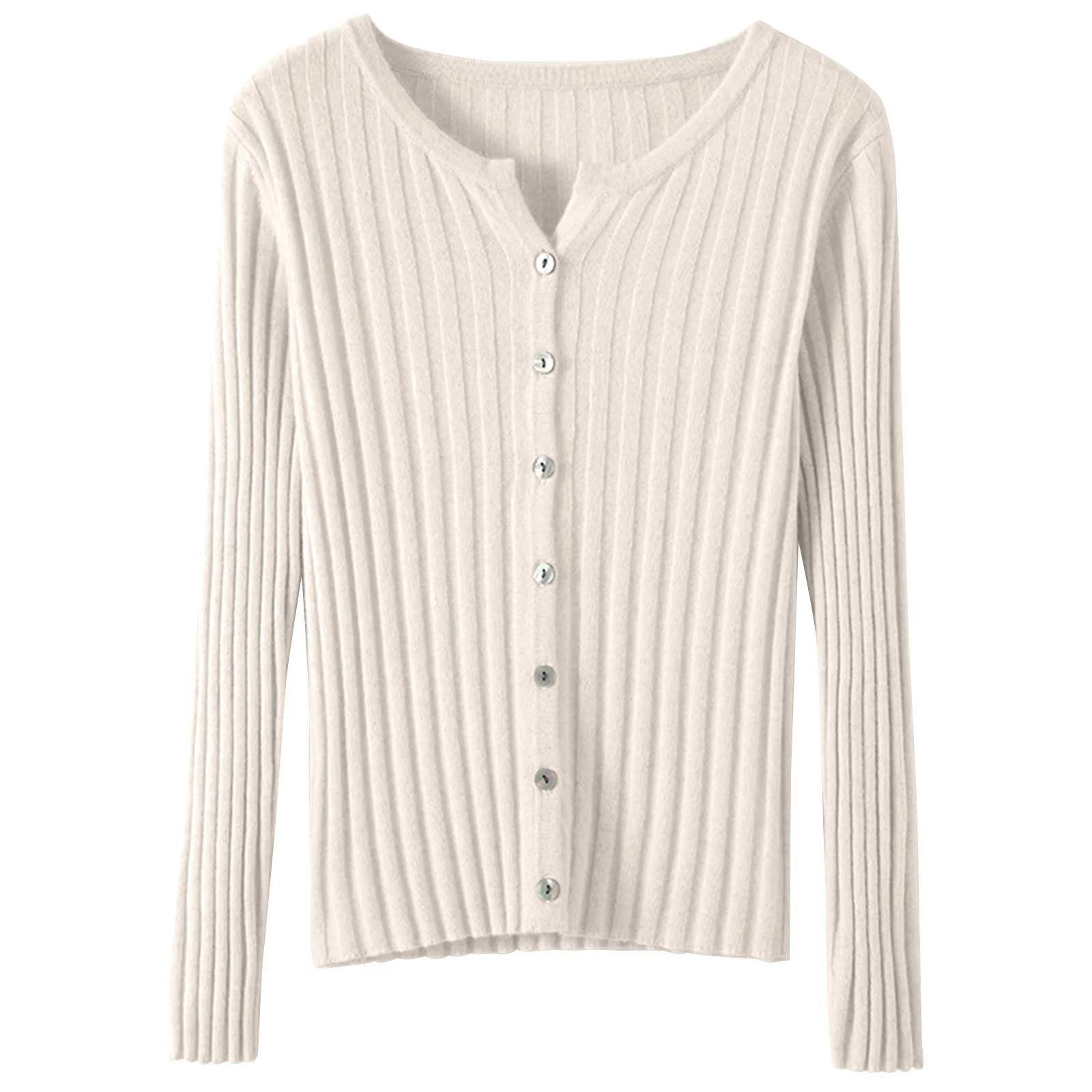 Women's Solid Color Ribbed Slim Fit Button Front Long Sleeve Knit Cardigan Sweater, Lightweight Rib-Knit Slimming Soft Comfy Versatile Outerwear Top for Casual Daily Wear Beige - Walmart.com | Walmart (US)