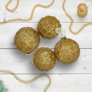 Geometric Glittered Mercury Glass Ball Christmas Ornaments - 3" (80mm) - Gold  - 4ct | Christmas Central