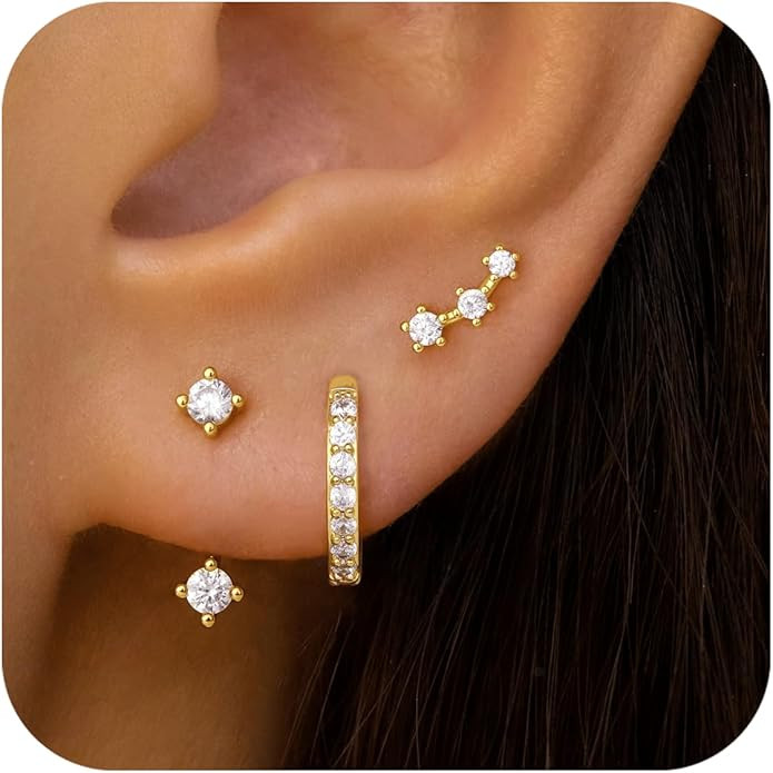 Gold Stud Earrings Set for Women, 3 Pairs Huggie Hoop Jacket Studs Earring Stack for Multiple Pie... | Amazon (US)