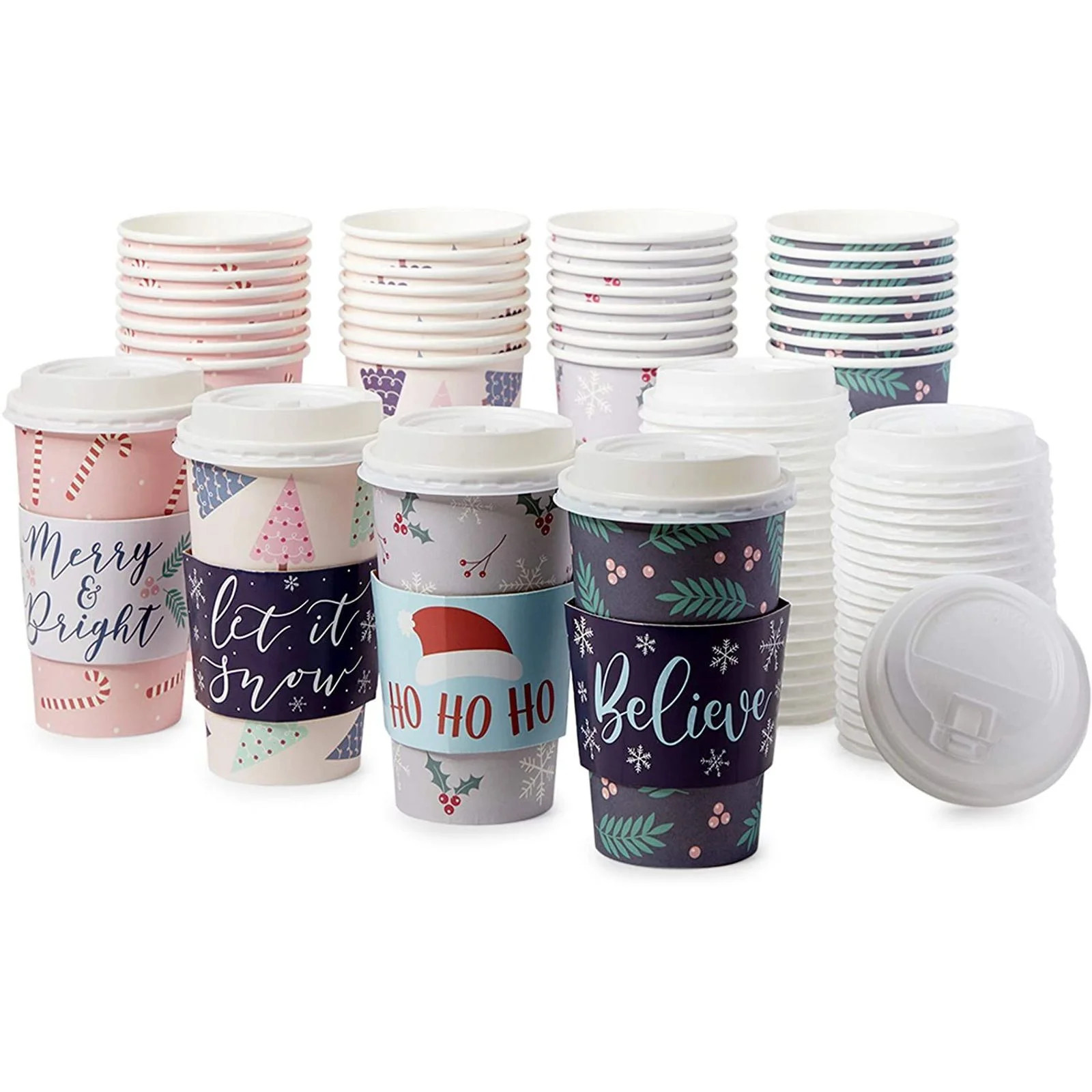 48-Pack Christmas Insulated Disposable Coffee Cups with Lids and Sleeves, 16oz Paper Hot Cup to G... | Walmart (US)