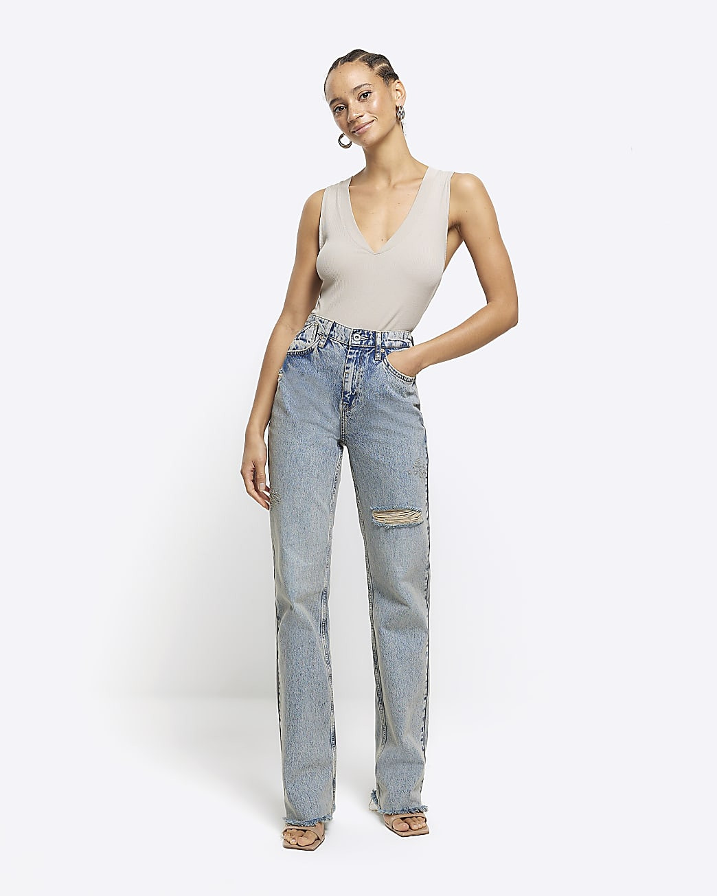 Blue stove pipe straight ripped jeans | River Island (UK & IE)