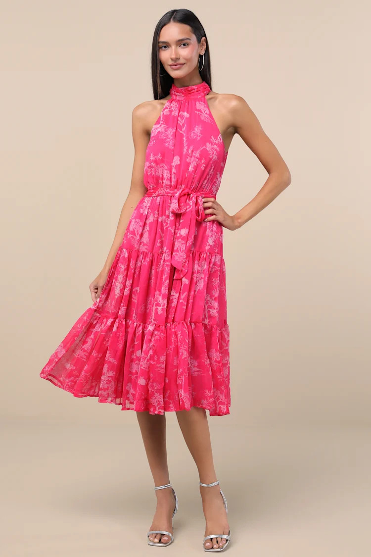 Float to You Hot Pink Floral Print Halter-Neck Tiered Midi Dress | Lulus