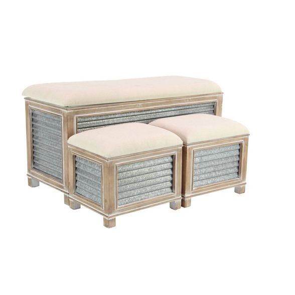 Set of 3 Farmhouse Storage Benches with Cushioned Seats Light Brown - Olivia & May | Target