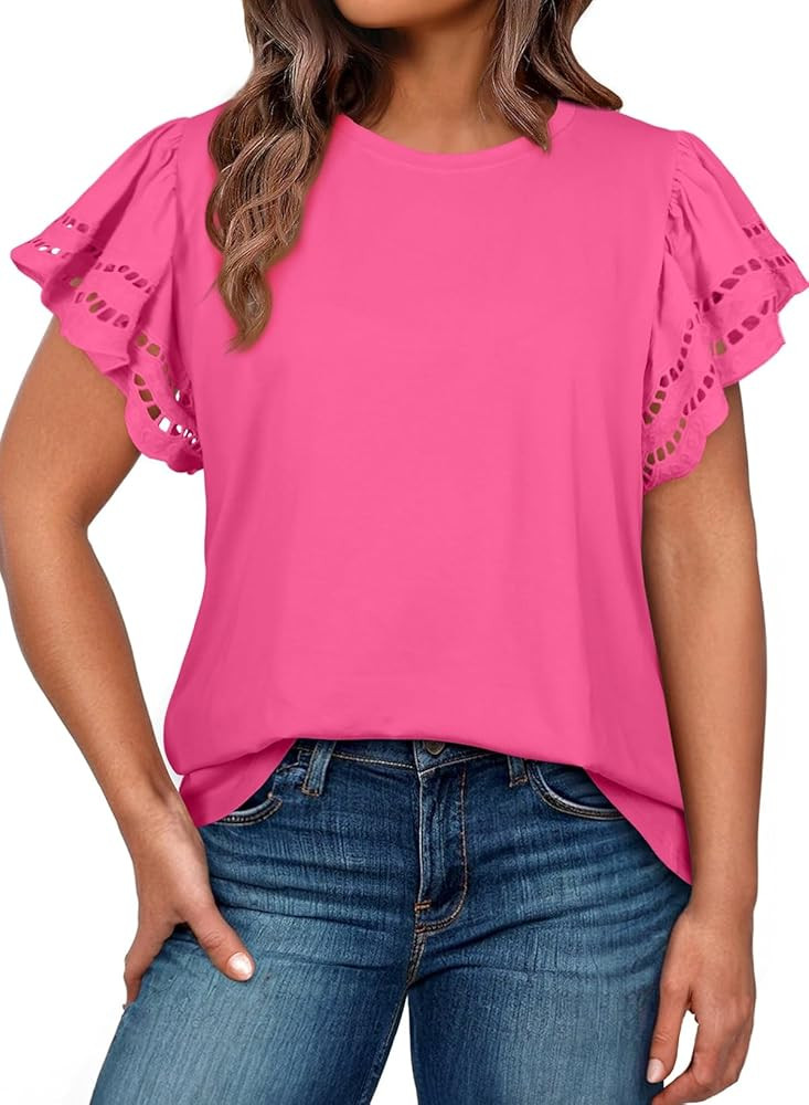 Eytino Womens Plus Size Tops Short Sleeve Round Neck Hollow Out Casual Loose Tunic Tees Shirts(1X... | Amazon (US)