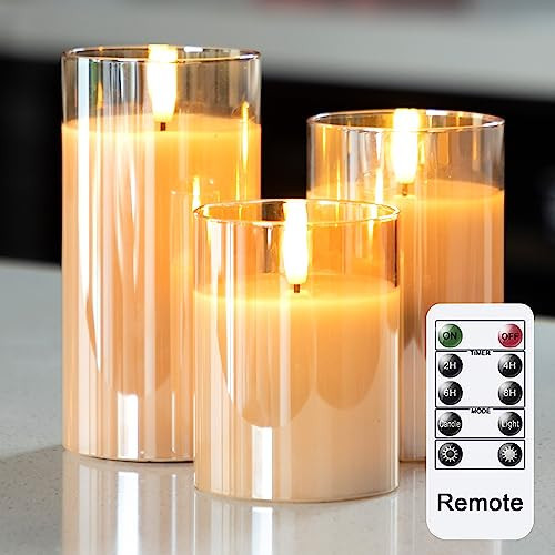 LUSHABOR Glass Flameless Candles, Battery Operated Candles with Remote Timer, Real Wax LED Candles Flickering Flame Wedding Home Party D3 H4 5" 6", Set of 3-Gold | Amazon (US)
