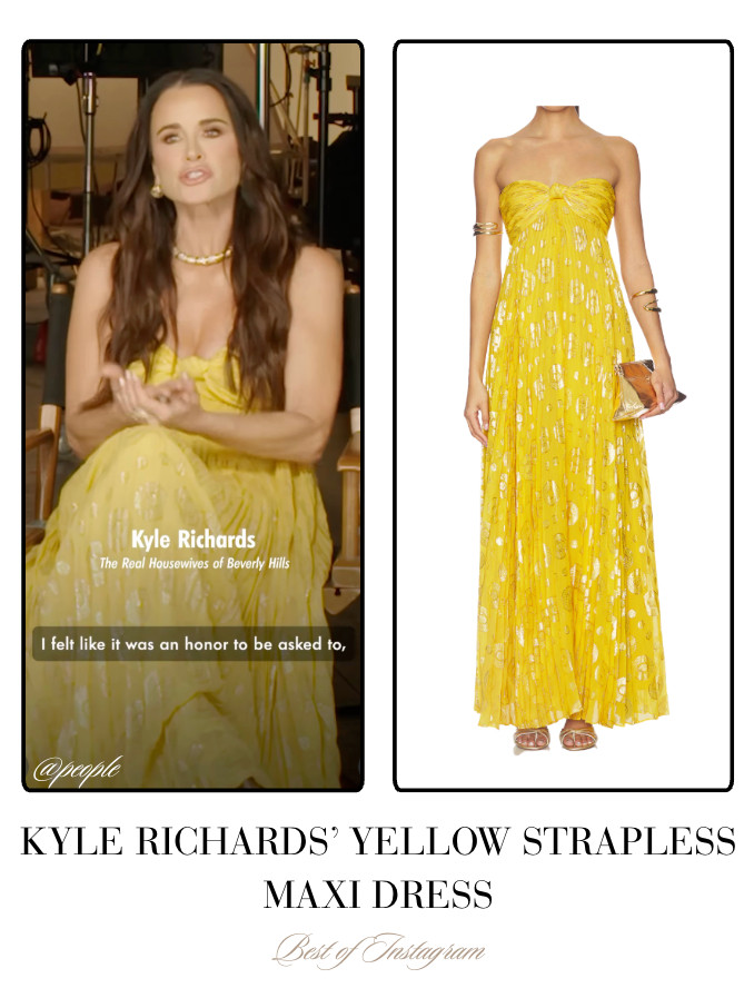 Kyle Richards' Yellow Strapless Maxi Dress 📸= @people 

 