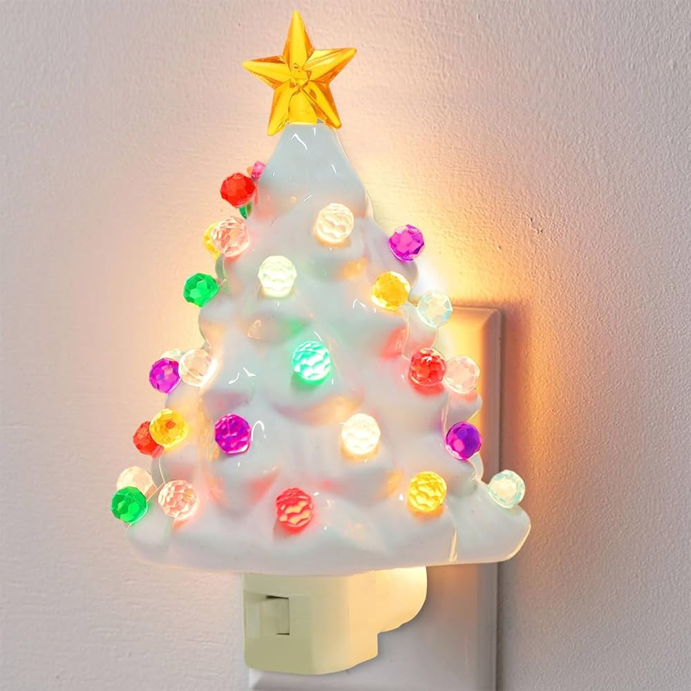 Hausse White Christmas Tree Night Light, Decorative Ceramic Xmas Tree Nightlight with Lamp for Ki... | Amazon (US)