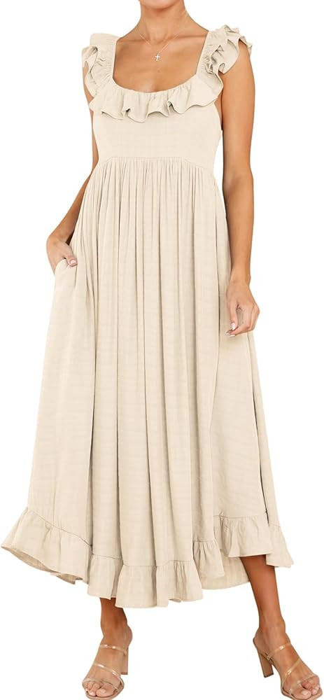 R.Vivimos Summer Dress for Women Sleeveless Boho Ruffle Square Neck Tie Back Casual Backless Flow... | Amazon (US)