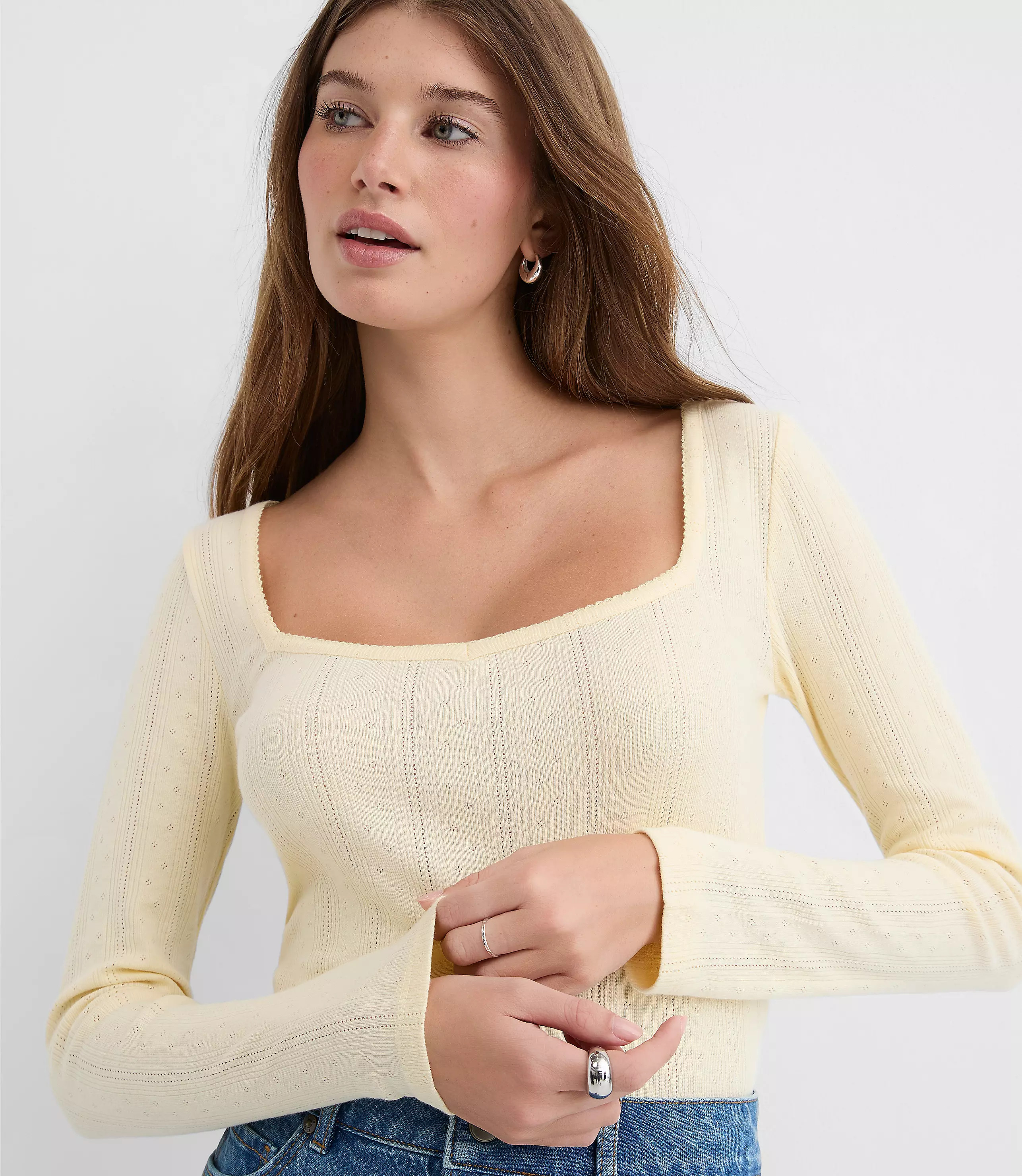 Ribbed Sweetheart Neck Long Sleeve Tee | LOFT