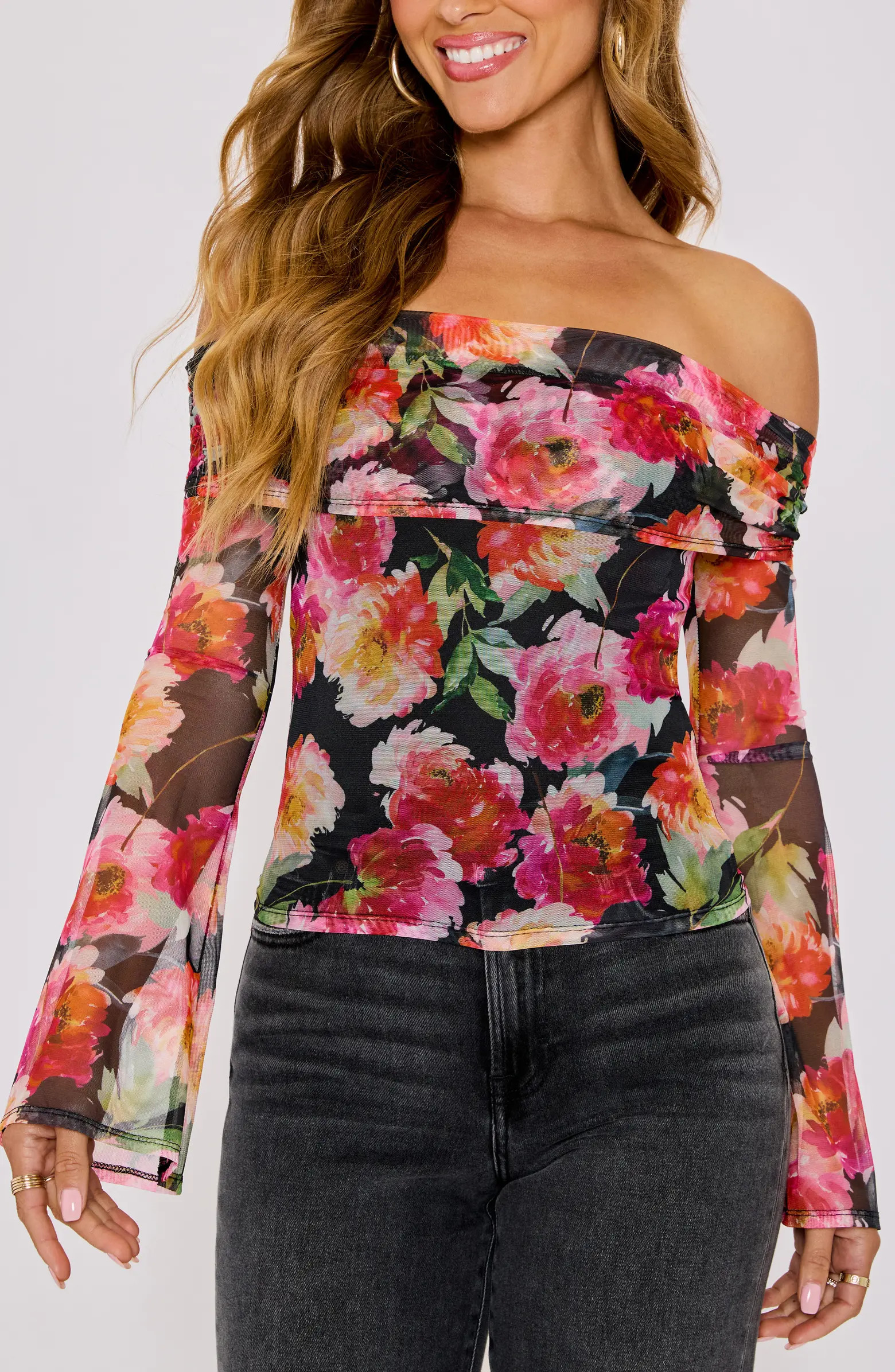 VICI Collection Nikki Floral Print Off the Shoulder Mesh Top | Nordstrom | Nordstrom