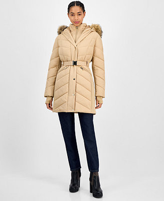 MICHAEL Michael Kors Women's Faux-Fur-Trim Hooded Belted Puffer Coat - Macy's | Macy's