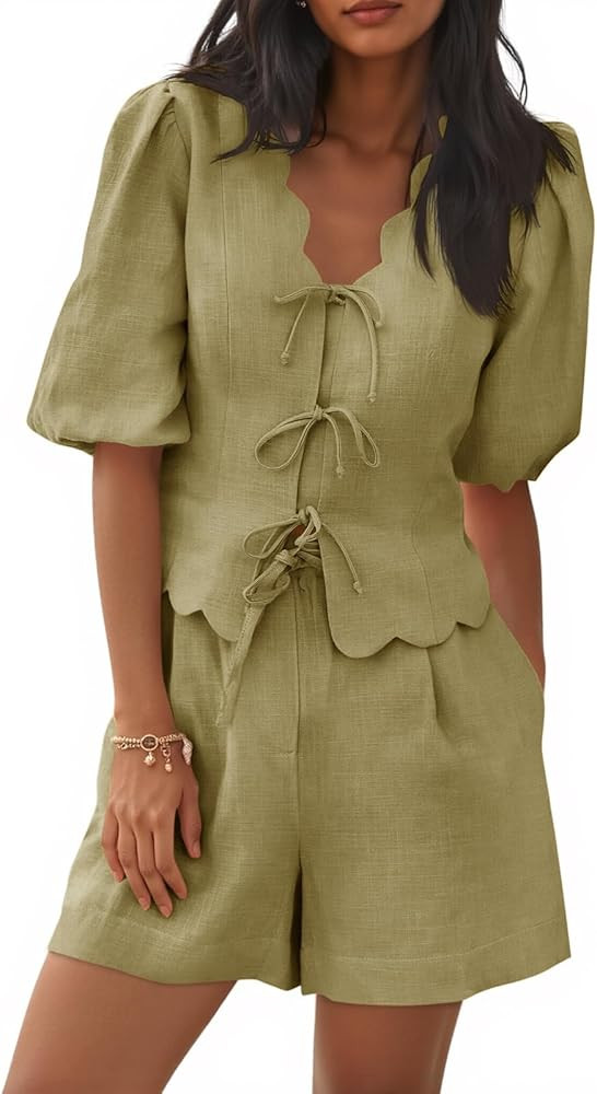 Cicy Bell Womens Summer 2 Piece Short Sets Puff Short Sleeve V Neck Bow Tie Front Tops Wide Leg S... | Amazon (US)