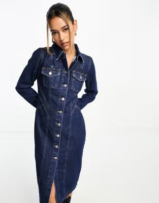 River Island long sleeve seamed denim midi dress in dark blue | ASOS | ASOS (Global)