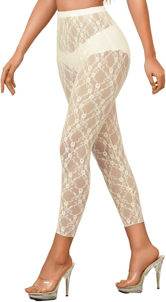 ShawGobow Floral Lace Leggings,High Waisted Footless Tights For Women,Sheer Mesh Pants Bridal Dat... | Amazon (US)