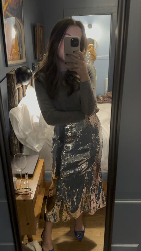 New Year’s Eve outfit- this silver sequined midi skirt is on major sale! Love this monochromatic grey/silver moment 