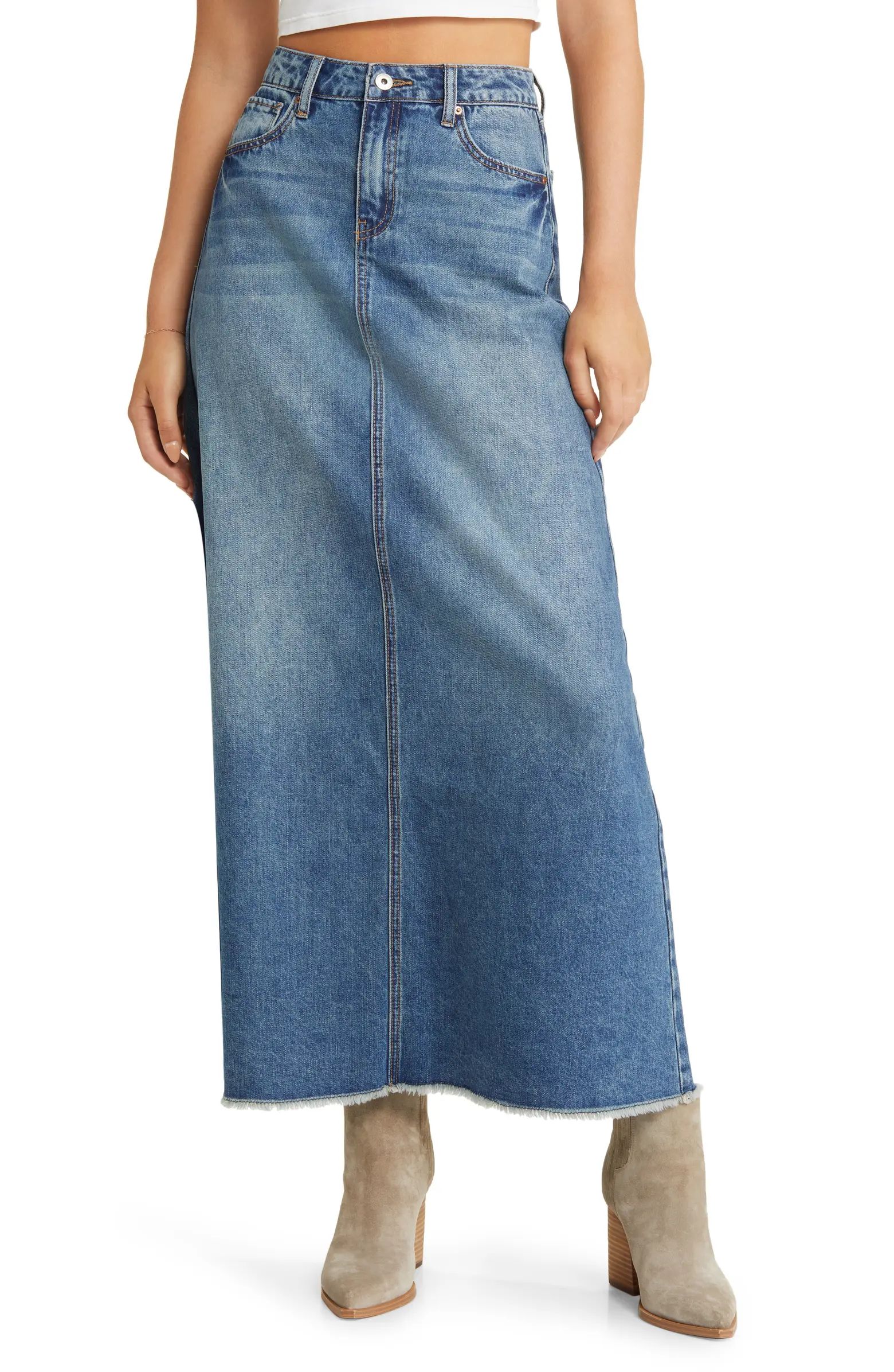 Prosperity Denim Frayed Hem Denim Maxi Skirt | Nordstrom | Nordstrom
