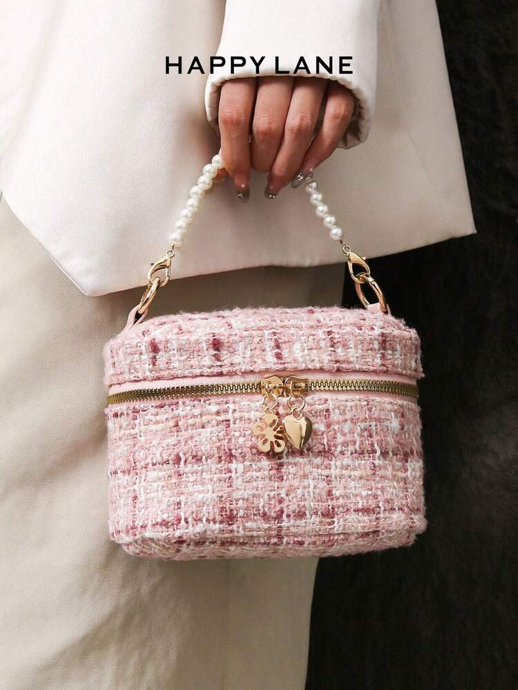 HAPPY LANE HAPPY LANE Women's Tweed Chain Shoulder Bag, Classic Designer-Inspired Handbag,Elegant Pearl Handle Crossbody Purse, Versatile For Shopping, Casual, Work, And Evening Outfits | SHEIN